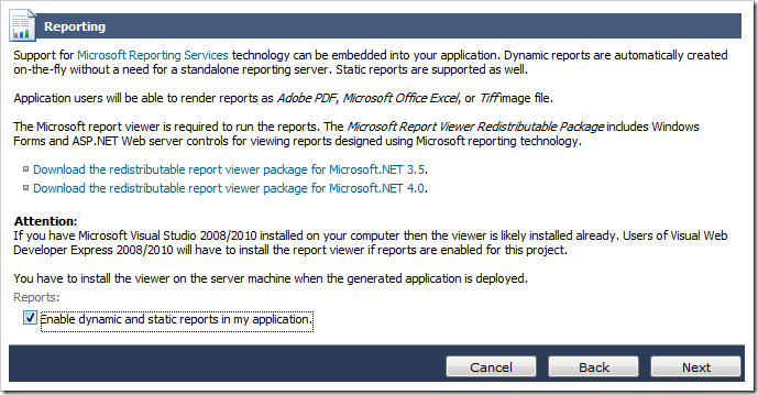 Enabling reporting for the Web Site Factory web application.