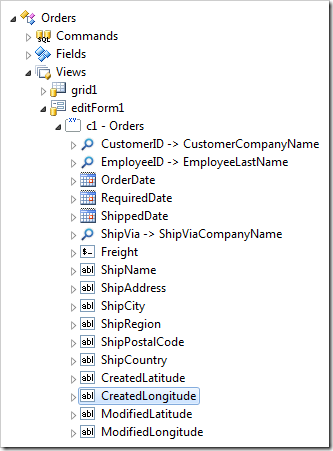 'CreatedLongitude' data field of view 'editForm1' in the Orders controller.