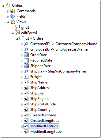 'ModifiedLatitude' data field of view 'editForm1' in the Orders controller.