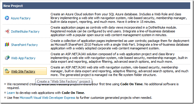 Creating a Web Site Factory project.