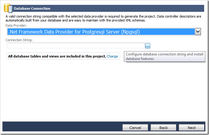 Specifying Npgsql Provider as the data provider and activating the connection string configuration screen.