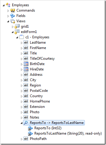 ReportsTo data field in editForm1 of Employees controller has an alias of 'ReportsToLastName'.
