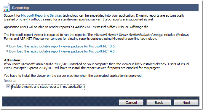 Enabling reporting for the generated web application.