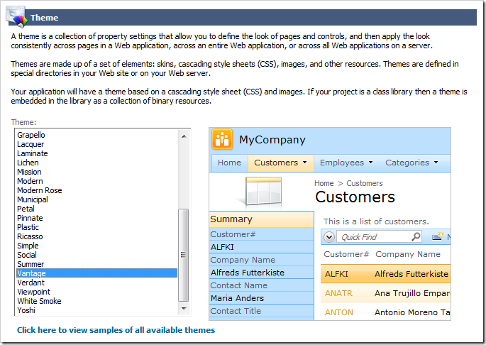 Selecting the 'Vantage' theme.