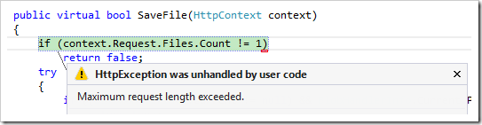 Error message showing that max request length is exceeded.