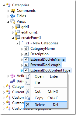 Deleting blob fields from view 'createForm1'.