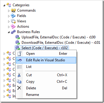 Editing the Select business rule in Visual Studio.