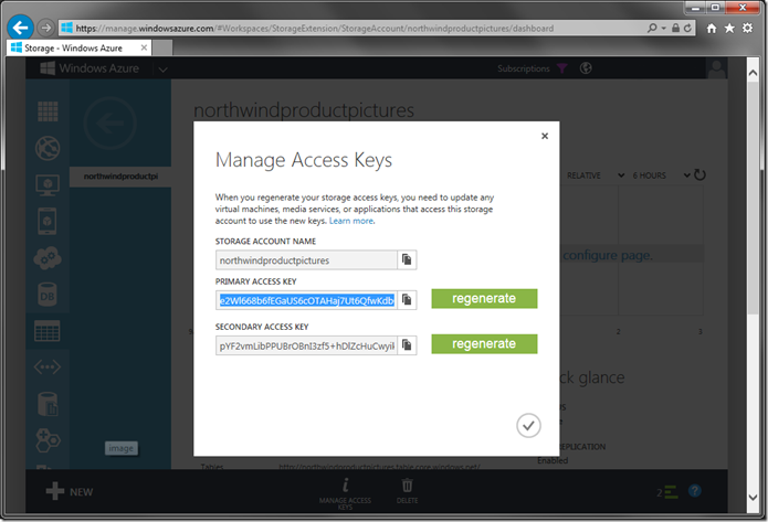 Viewing Access Keys for Azure Storage account.