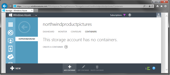 Adding a container to a storage account.