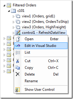 Edit the user control in Visual Studio via the context menu option in the Project Explorer.