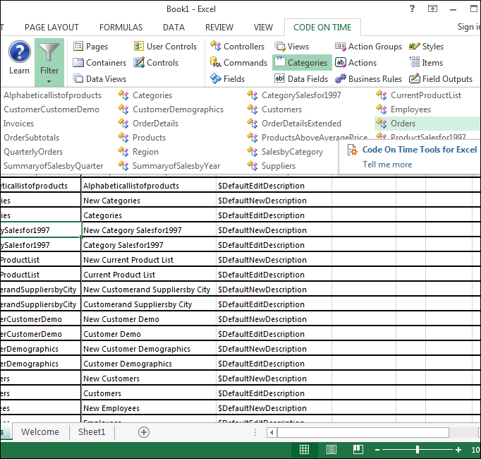 Filtering Categories project configuration sheet down to 'Orders' controller.