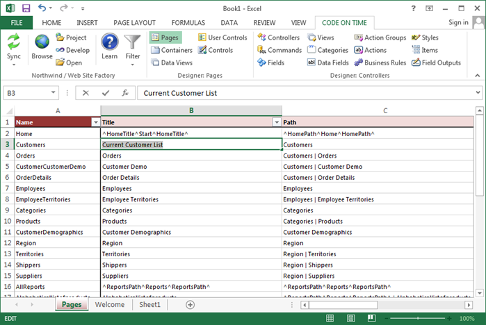 Changing the Title of a page in Tools for Excel.