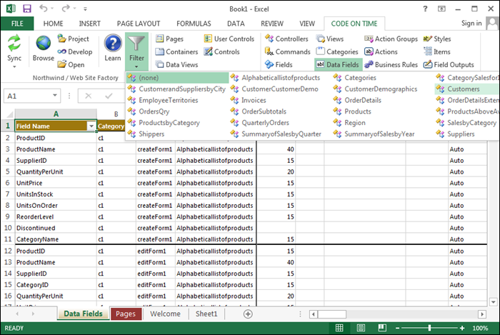 Filtering data fields down to "Customers" controller.