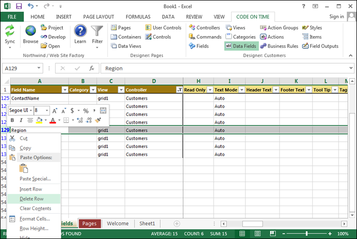 Removing a data field from the Data Fields sheet using Tools for Excel.
