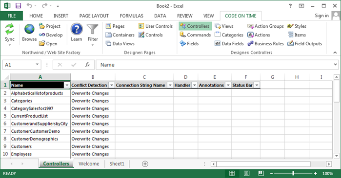 Typical view of controllers in Tools for Excel.