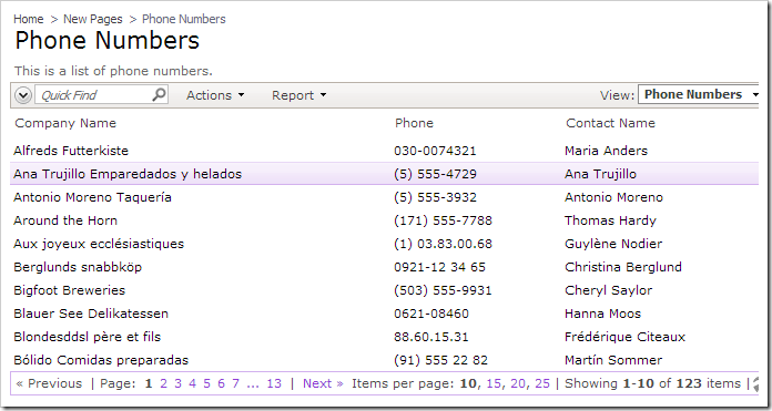 The Phone Numbers view is displayed properly in the generated web app.
