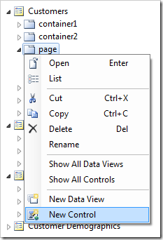 Adding a new control to the 'page' container on the Customers page.