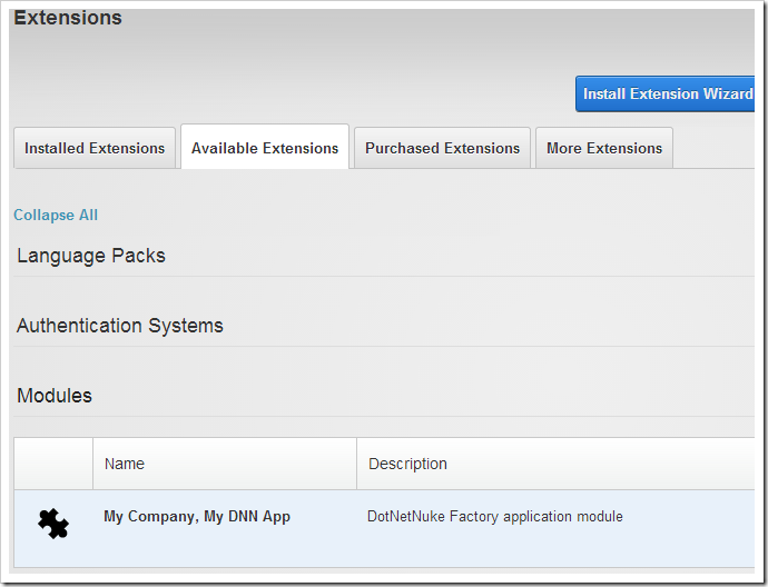 Installing the new DNN Factory module.