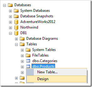 Designing the Products table of database DB1.