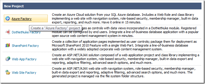 Creating a new Azure Factory project.