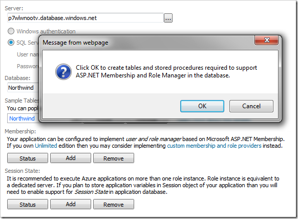 Adding ASP.NET Membership and Roles provider into the database.