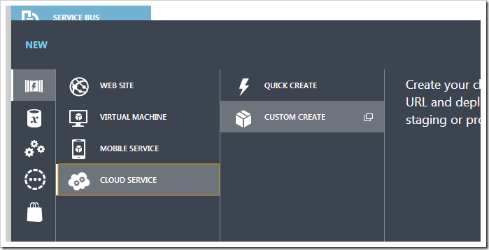 Creating a new cloud service in the Azure portal.