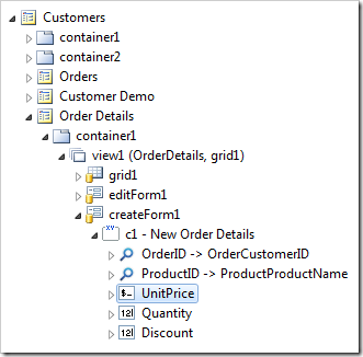 UnitPrice data field in createForm1 of OrderDetails controller.