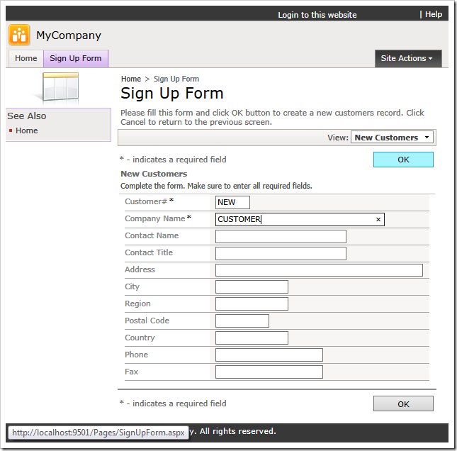 Customer 'Sign Up Form' in action.