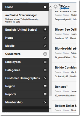 Navigation menu of a mobile user interace in web app created with Code OnTime app generator