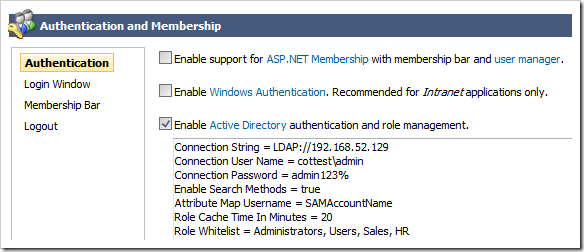 Example of role configuration properties.