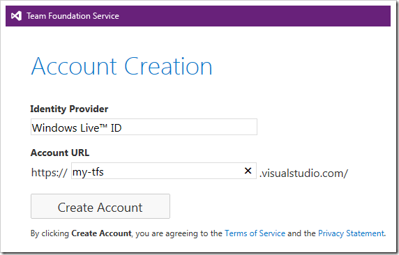 Specifying an Account URL for a new TFS account.