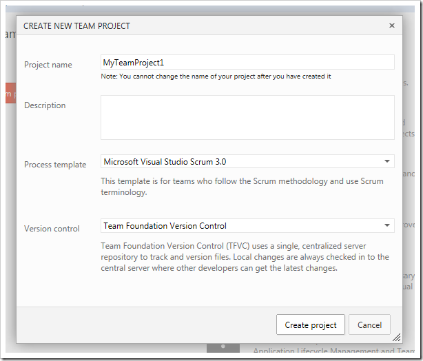 Creating a new team project in TFS.