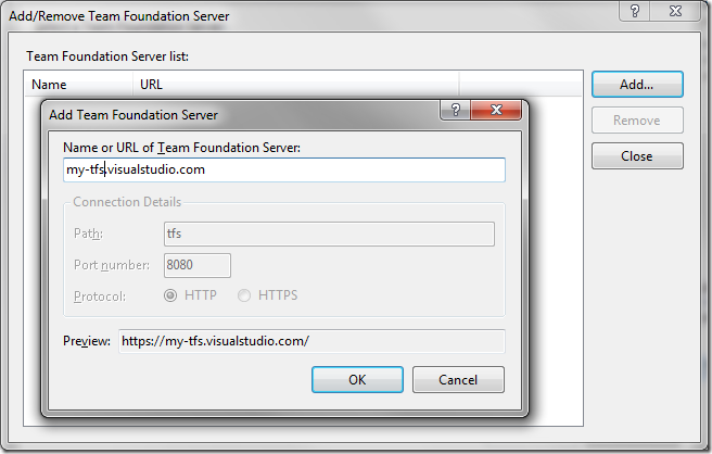 Specifying the URL of a team foundation server to add to Visual Studio.
