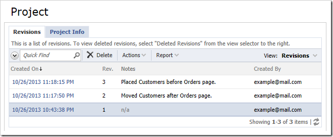 Viewing a list of revisions for a project.