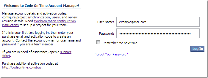 Logging in to Code On Time Account Manager.