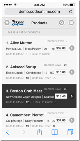 Mobile client rendering of a product list in the app created with Code On Time app generator.