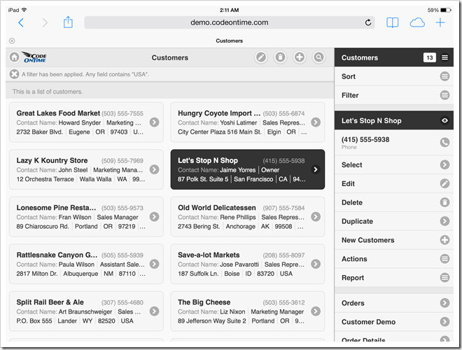 Mobile app created with Code On Time displayed with docked sidebar in landscape orientation on Apple iPad Air.