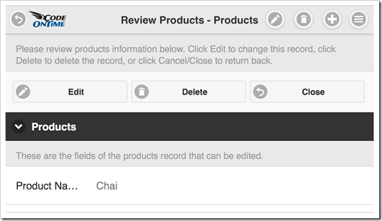 A form view of a mobile created with Code On Time mobile/desktop application generator is presented in landscape orientation.