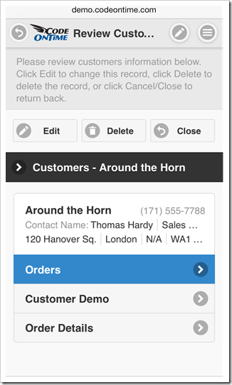 Tap on the detail link below the summary card to see a list of details in a mobile created with Code On Time mobile database app generator.