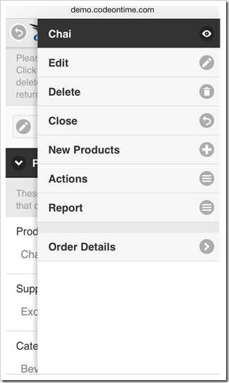 A context menu panel with a list of actions available in a form view on a mobile app created with Code On Time mobile/desktop application generator.