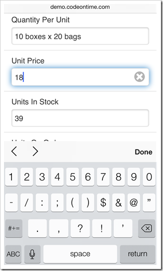 A numeric keyboard is displayed when a numeric field is focused in a form view of a mobile app created with Code On Time mobile app generator.
