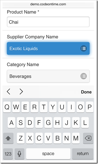 A database lookup input is displayed in a form view of a mobile app created with Code On Time mobile app generator.