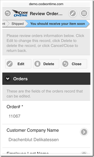 Status bars help users to understand the workflow status of items selected in a form view in mobile apps created with Code On Time mobile/desktop application generator.