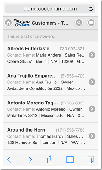 A list view in a mobile app created with Code On Time mobile app generator.