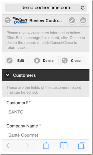 A form view of data item is displayed in response to an item tap in a mobile created with Code On Time mobile app generator.