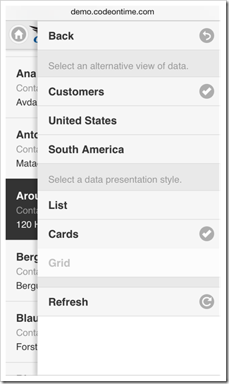 The list of available view configuration options in a mobile app created with Code On Time mobile application generator.