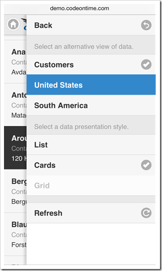 Alternative view option selected in the view configuration menu of a mobile app created with Code On Time mobile application generator.