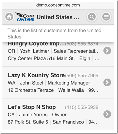 An alternative view of customer list displayed in a mobile application created with Code On Time mobile/desktop app generator.