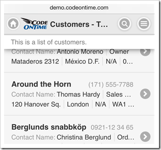 A list description with a fixed position at the top of the toolbar is displayed when a list is scrolled in a mobile app created with Code On Time mobile app generator.
