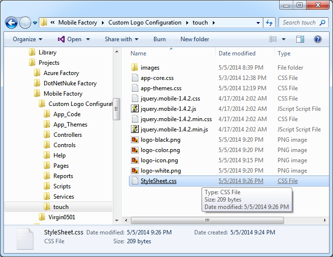 Custom stylesheet placed in the 'touch' folder of Mobile Factory project.